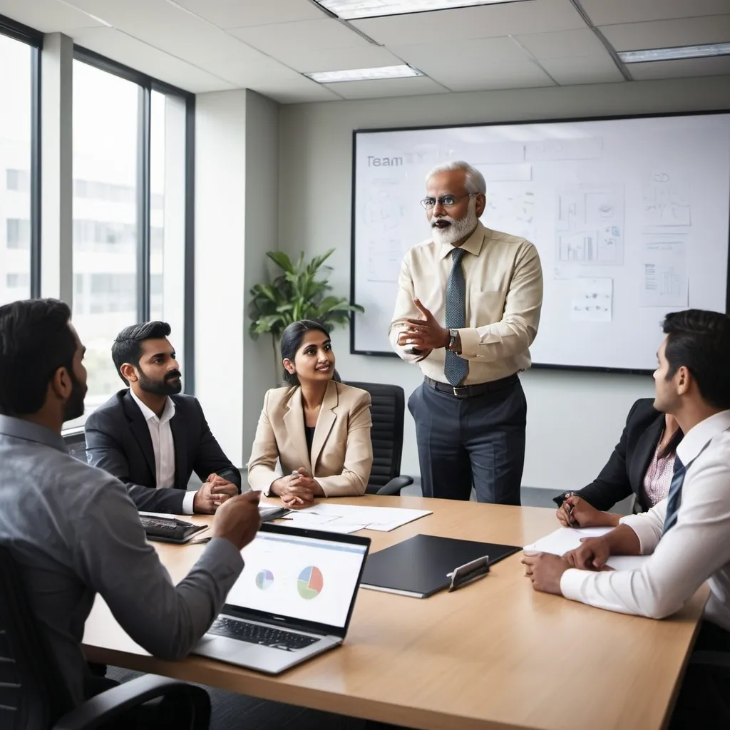 Prompt: Generate an image of an Indian leader interacting with their team in a modern office setting. The leader, a confident and approachable figure, is engaging with the team members, who are seated around a conference table. The leader is standing or leaning slightly forward, actively listening or pointing to a presentation on a screen or whiteboard. The team is diverse in terms of gender and ethnicity, dressed in business-casual attire, with a mix of focused and engaged expressions. The office is bright, with large windows, modern furniture, and a collaborative atmosphere.