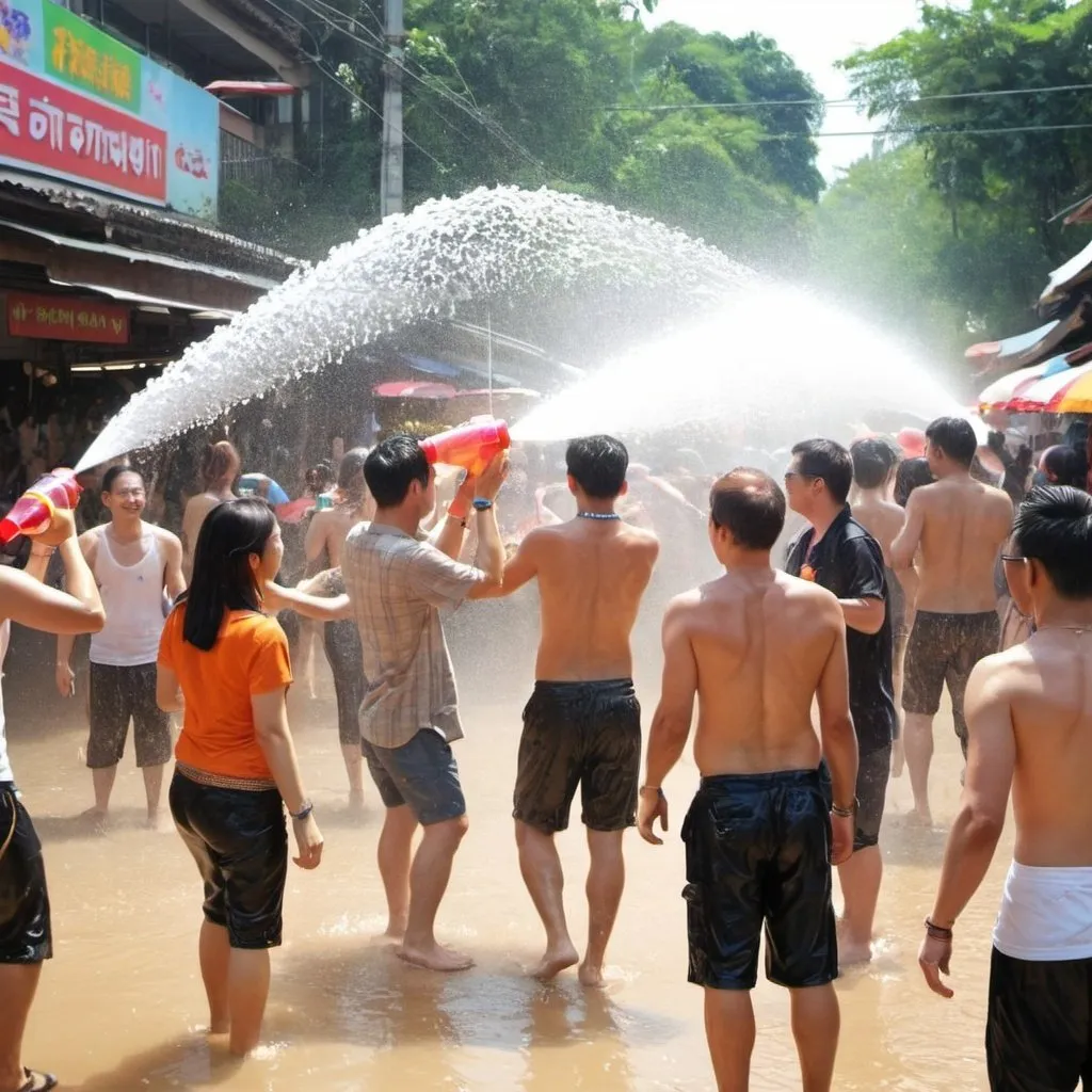 Prompt: international Songkran festival in my dream with international citizens and tourists 