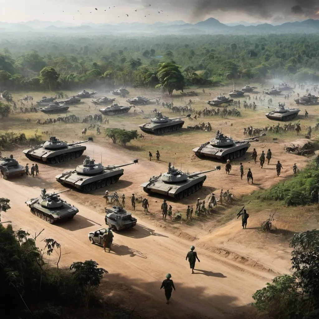 Prompt: Futuristic War Zone of Myanmar 
A3 size, Pls write "War:The Cost of Conflict" at the right base corner. 
