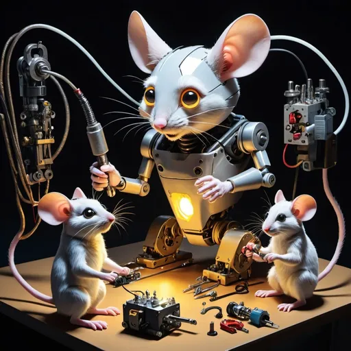 Prompt: Two mice are  surrounded by tools and mechanical parts. In the centre of the scene, the mice are assembling a giant robot cat. One of the mice is holding a wrench while tightening a screw, and the other is connecting electrical wires. The robot cat is gradually taking shape, with its glowing eyes and mechanical tail. 