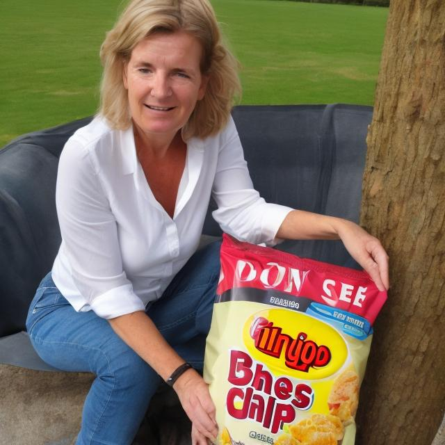 Prompt: een vrouw die een zak chips eet
