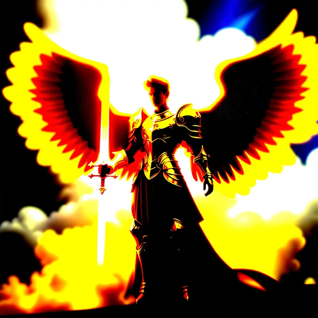 Prompt: (a majestic Archangel prince), ethereal wings glowing with intricate patterns, adorned in lavish celestial armor, holding a radiant sword, set amidst a dramatic cloud-filled sky, warm golden tones contrasting with cool blues, (ultra-detailed), inspiring aura, powerful stance, conveying grace and strength, divine light illuminating the scene, heavenly atmosphere.