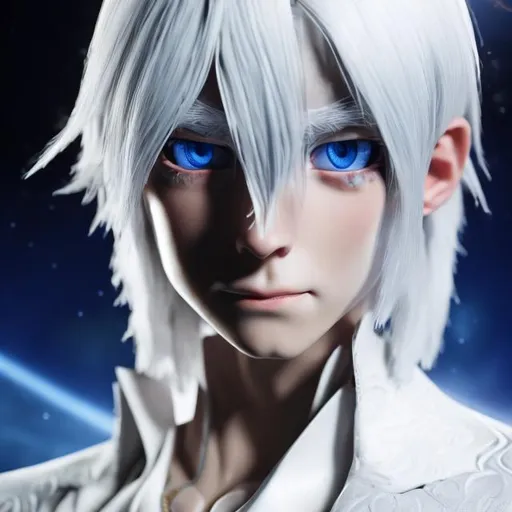 Prompt: A white-haired male, he looks like youthful, and he has beautiful dark piercing blue eyes, straight hair, medium-length hair, and a Hypnotizing beautiful face, realistic Imagery, wearing a white suit