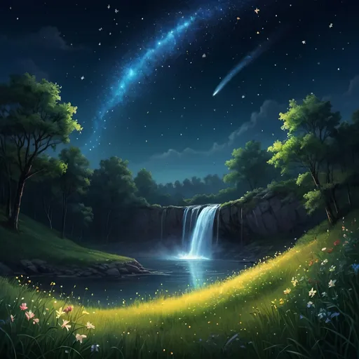Prompt: Calm nature at night, comet goes on starry sky, a waterfall is not so far any fireflies are around, flowers in the grass