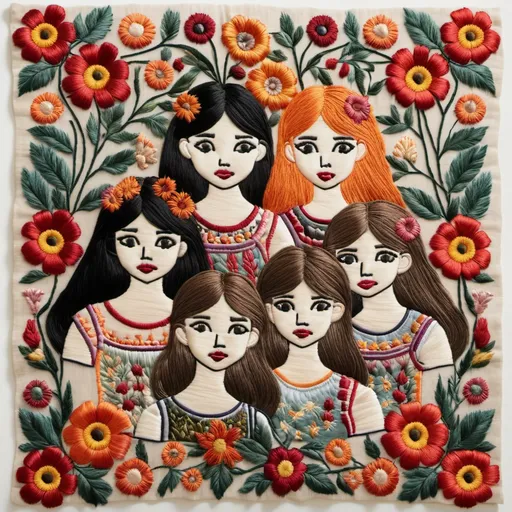 Prompt: An intricate floral embroidery piece, featuring a variety of girls