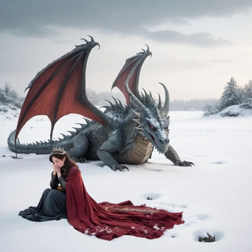 Prompt: grieving princess,
dead dragon on snowy landscape
