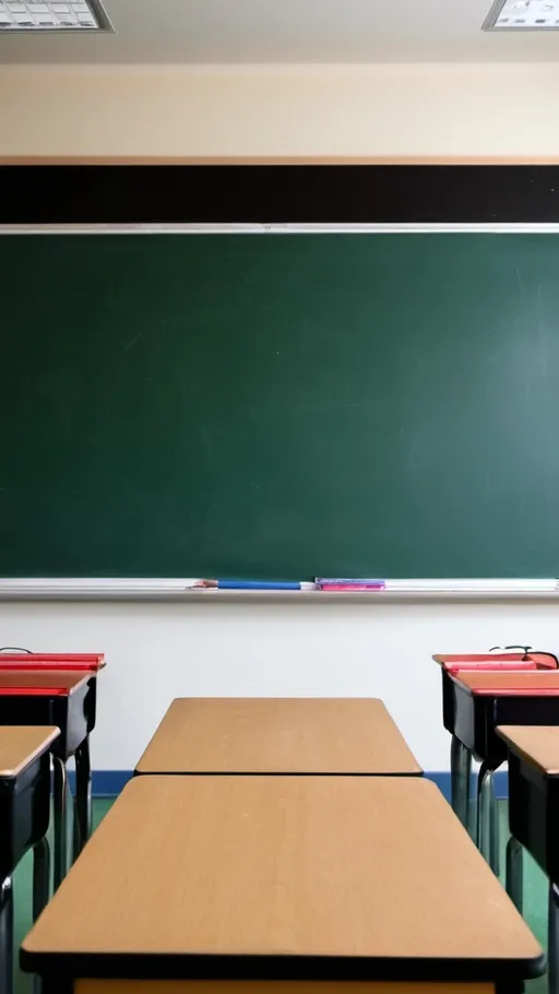 Prompt: a school classroom, looking head on to the blackboard with various school related items around the wall. A large desk will be placed in front of the blackboard.
