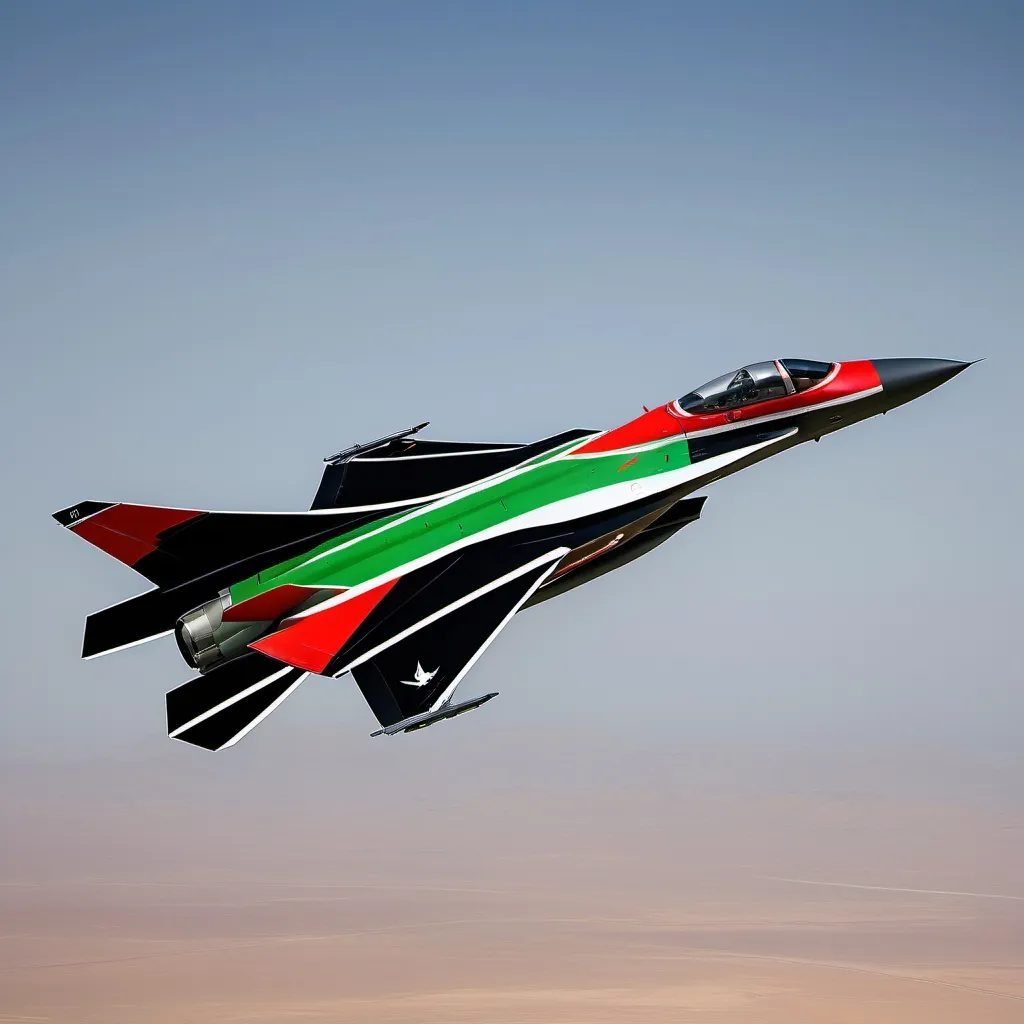 Prompt: A professional, high-tech military fighter jet soaring through the sky. The aircraft is sleek and modern, with advanced technology visible in its design. The wings of the jet prominently display the Libyan flag, which consists of three horizontal stripes: red on top, black in the middle, and green on the bottom. The black stripe is twice the width of the red and green stripes and features a white crescent and a five-pointed white star in the center. The scene is captured in a high-quality, cinematic 8K shot, with deep sky blue, light navy blue, and violet hues enhancing the dramatic atmosphere. --v 5.1 --q 2 --ar 16:9 --quality 8k