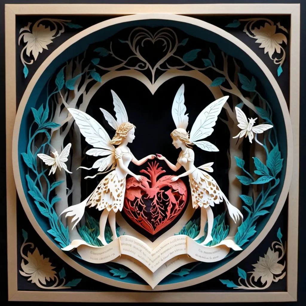 Prompt: Generate a (1.2 layered paper) paper-cut art scene of two magical fairies surrounding a anatomical heart (1 cameo) detailed, HDR, Grinling Gibbons inspired