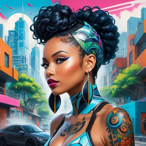 Prompt: Generate a captivating afrofuturistic-inspired image capturing the essence of urban creativity. Picture a female tattoo artist, adorned with futuristic elements, skillfully tattooing another woman in the vibrant Gelugpa anime style. Set this dynamic scene against an urban backdrop featuring a 3D graffiti masterpiece fusing the artistic styles of Martin Watson and Triston Eaton. Imagine this lively street art on a city wall covered in lush foliage, creating a harmonious blend of nature and technology. Bring this visionary fusion to life in a single, expressive illustration! 