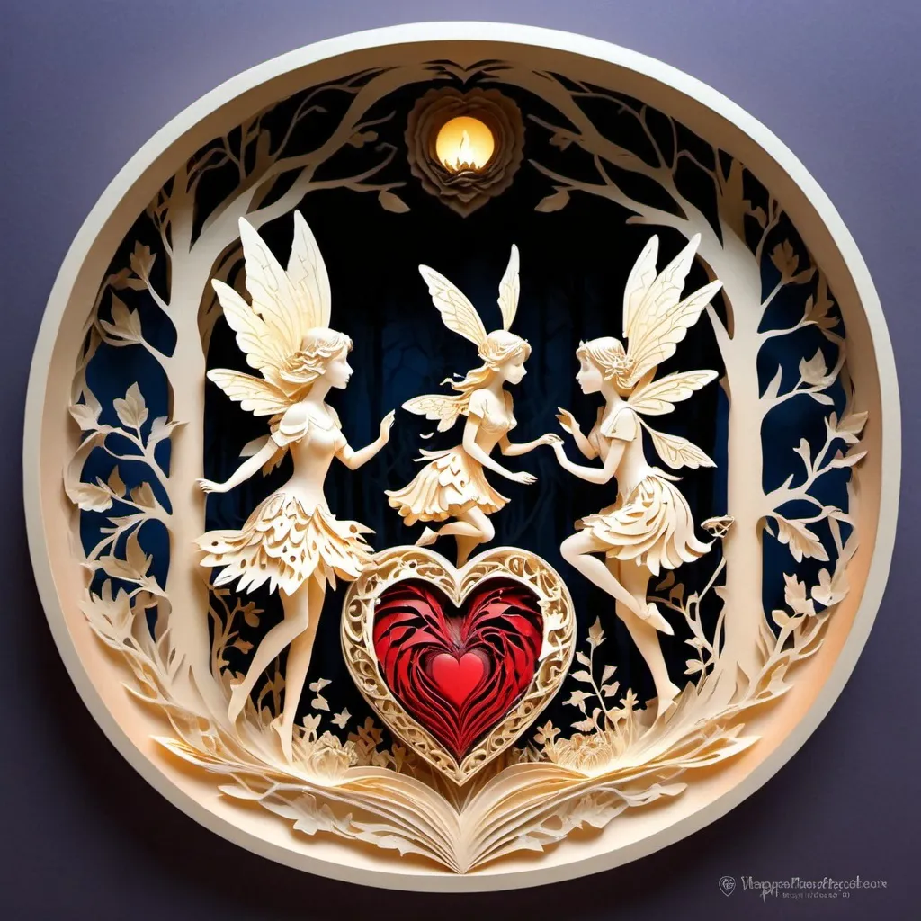 Prompt: Generate a (1.2 layered paper) paper-cut art scene of two magical fairies surrounding a anatomical heart (1 cameo) detailed, HDR, Grinling Gibbons inspired