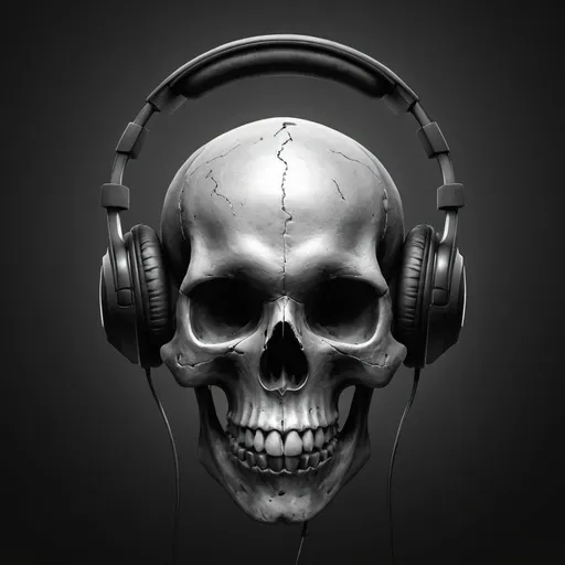 Prompt: Skull with headphones, digital illustration, high quality, dark background, detailed skull, atmospheric lighting, black and white