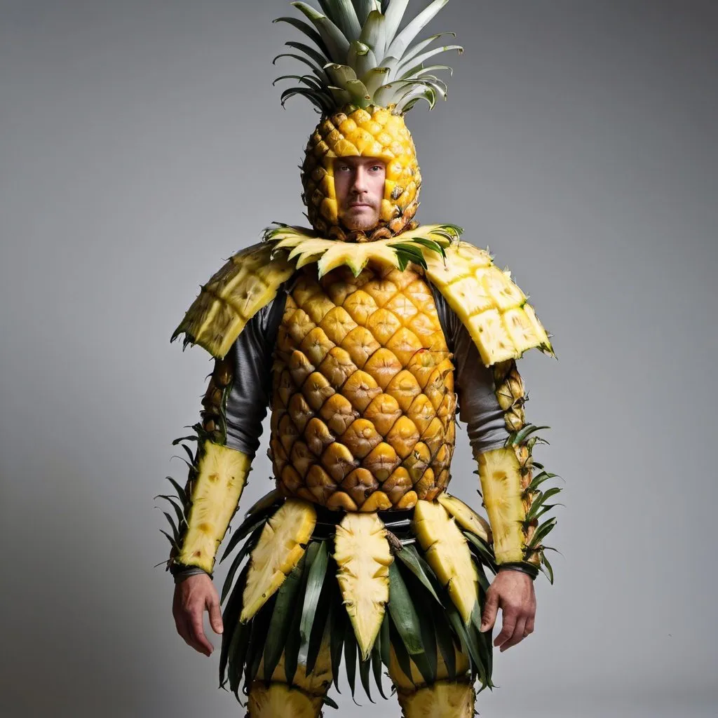 Prompt: A man in mideval armor made of pineapple.
Full body shot
Face visible 