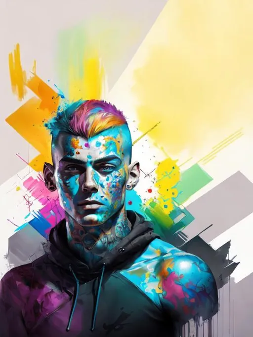 Prompt: Futuristic colorful concept art tattoos and wavey geometric patterns beautifully colors on mans face 4k resolution, 3D affects of self portrait, realistic , punk art splashes of paint 