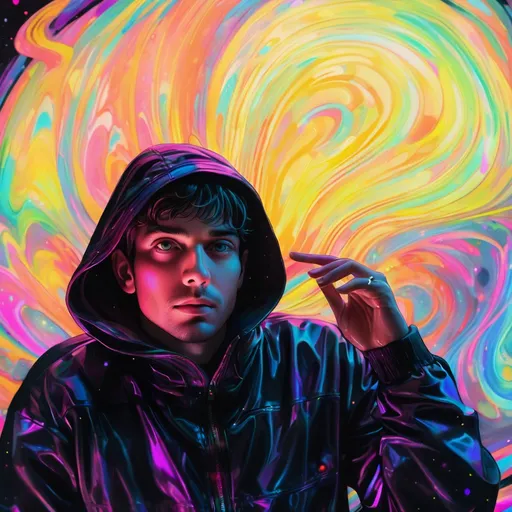 Prompt: Hypnotic hologram illustration of my self portrait floating in space, hypnotic,  vibrant, dribbble, quantum wavetracing, dark glow neon paint, black background, behance hd splash of colors 