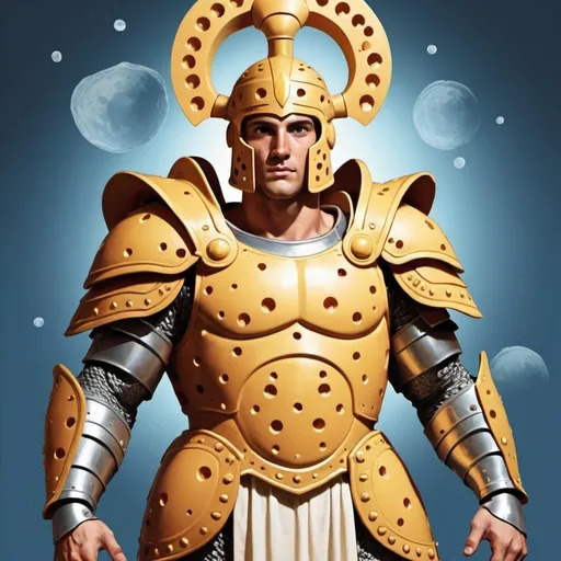 Prompt: Comic style image of the god Apollo wearing armor made of Swiss cheese