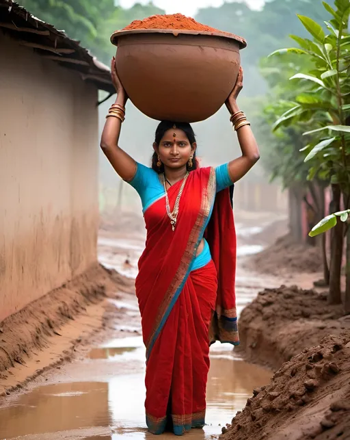 Prompt: Indian woman carrying water on her head in a large pot made of mud, wearing a red colored saree. holding a mango branch Pisar un pensamiento
