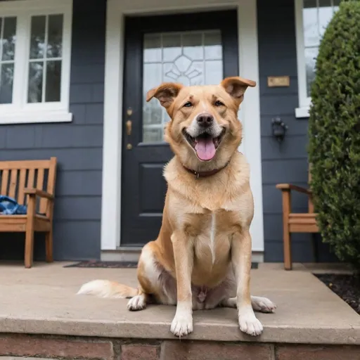 Prompt: Max, the dog, sitting happily in front of a house.