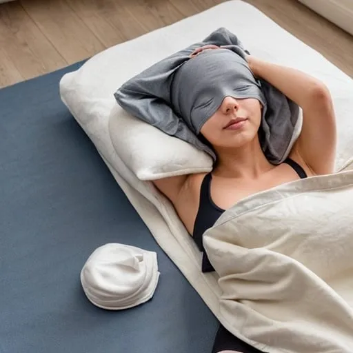 Prompt: person laying face up fully clothed on a yoga mat with an eye mask covered by a blanket head lying on a pillow 