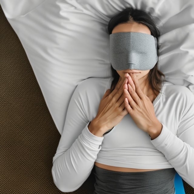 Prompt: person laying face up fully clothed on a yoga mat with an eye mask covered by a blanket head lying on a pillow 