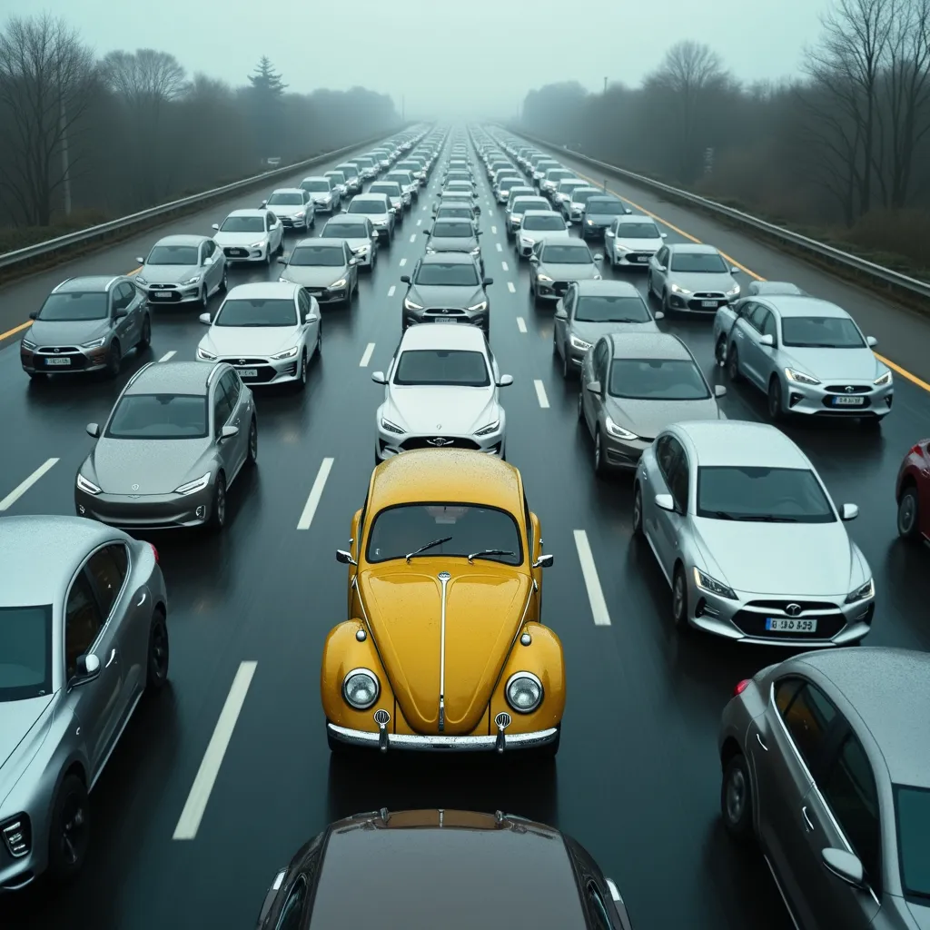 Prompt: An aerial view of a busy highway, filled with a variety of metallic grey cars, mostly modern, sleek, and futuristic in design, resembling new Tesla Cybertrucks. The highway is congested, with a heavy sense of movement, but the overall atmosphere feels cold and lifeless. In stark contrast, there is one bright yellow car in the midst of all the grey vehicles – an old Volkswagen Beetle (the 'Bug'), its worn-out appearance highlighting its vintage nature. The yellow car stands out as a symbol of nostalgia and individuality amidst the uniform, modern crowd. The scene exudes a sad, melancholic vibe, emphasizing the loneliness of the old car in the midst of a world moving too fast and too uniformly. The sky above is overcast, casting a dull light over the scene, enhancing the feeling of isolation and desolation