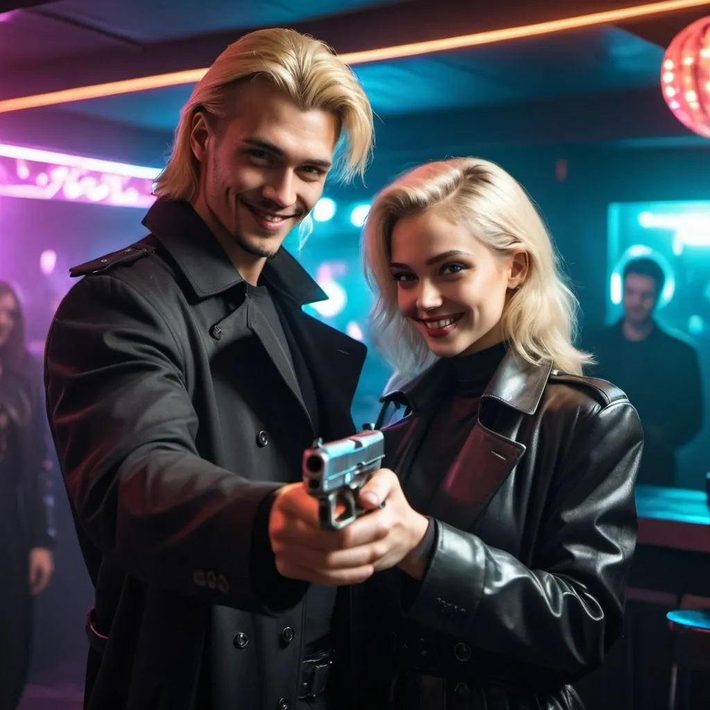 Prompt: guy with blond mullet in black trench coat holding handgun smiling at a beautiful cybernetic woman in a nightclub