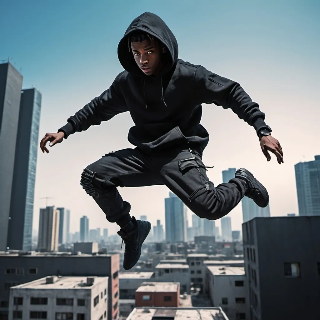 Prompt: black young man in black hoodie in cyberpunk city jumping across a rooftop high up in the air