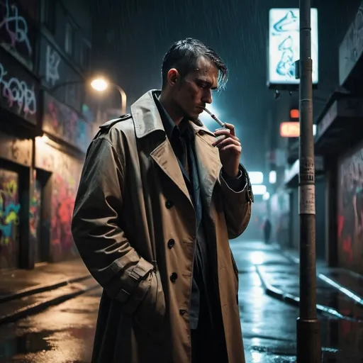 Prompt: man in trench coat smoking a cigarette on a street corner with graffiti on walls in the rain cyberpunk city dystopia dark night time