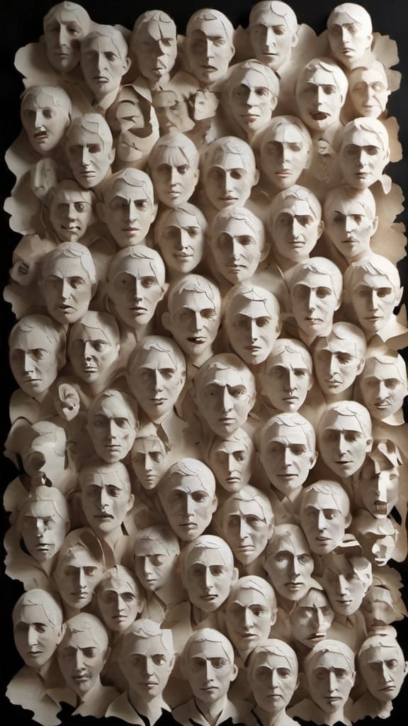 Prompt: A large group of faces with fading bodies. The faces have mostly almost no features except for fading smiles. 