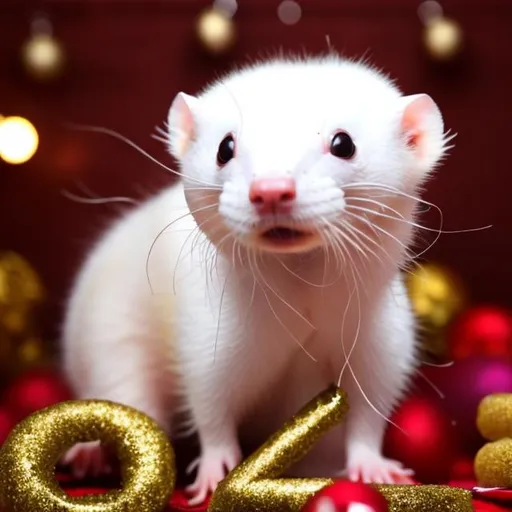 Prompt: an albino ferret celebrating new years