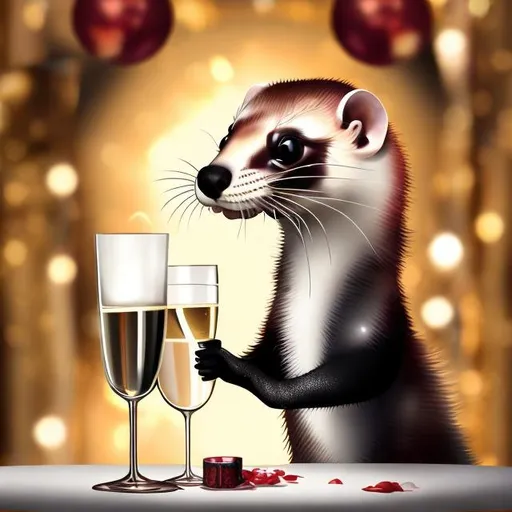 Prompt: Ferret drinking champagne from a glass at a New Year's party, elegant, luxurious, festive atmosphere, high quality, detailed, realistic, celebratory, champagne, classy, furry, joyful, sophisticated, rich colors, sparkling lights, refined, polished, cheerful, vibrant, vibrant lighting