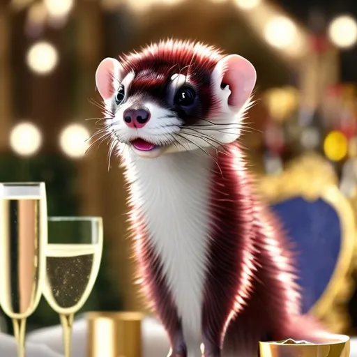 Prompt: Ferret drinking champagne from a glass at a New Year's party, elegant, luxurious, festive atmosphere, high quality, detailed, realistic, celebratory, champagne, classy, furry, joyful, sophisticated, rich colors, sparkling lights, refined, polished, cheerful, vibrant, vibrant lighting