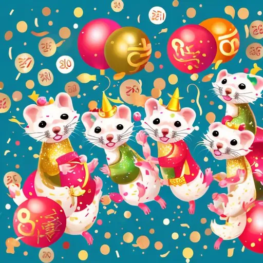 Prompt: Joyful ferret new year's party, digital illustration, confetti, sparkly decorations, lively atmosphere, playful poses, high quality, cartoon style, cheerful color palette, festive attire, fun and lively, celebration, cute, joyous expressions, dynamic poses, fantasy style, festive, dynamic, cute expressions, sparkly, lively