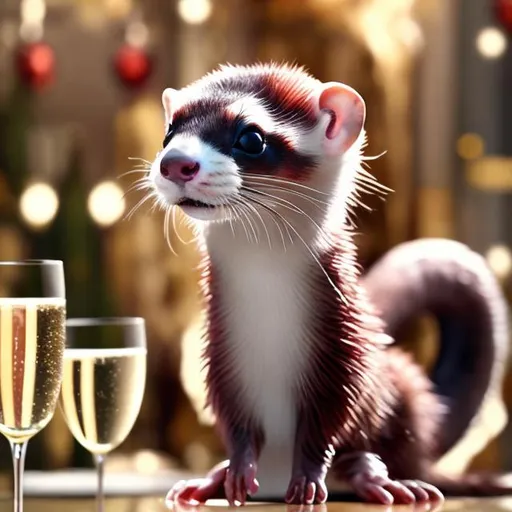 Prompt: Ferret drinking champagne from a glass at a New Year's party, elegant, luxurious, festive atmosphere, high quality, detailed, realistic, celebratory, champagne, classy, furry, joyful, sophisticated, rich colors, sparkling lights, refined, polished, cheerful, vibrant, vibrant lighting