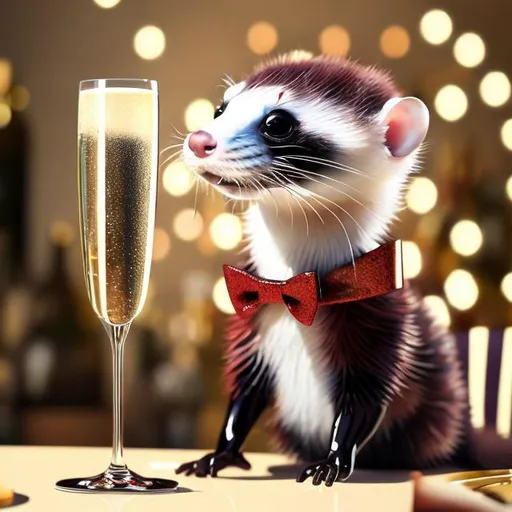 Prompt: Ferret drinking champagne from a glass at a New Year's party, elegant, luxurious, festive atmosphere, high quality, detailed, realistic, celebratory, champagne, classy, furry, joyful, sophisticated, rich colors, sparkling lights, refined, polished, cheerful, vibrant, vibrant lighting