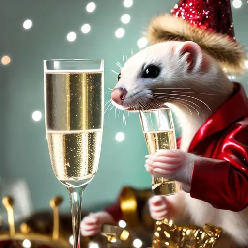 Prompt: Ferret drinking champagne from a glass at a New Year's party, elegant, luxurious, festive atmosphere, high quality, detailed, realistic, celebratory, champagne, classy, furry, joyful, sophisticated, rich colors, sparkling lights, refined, polished, cheerful, vibrant, vibrant lighting