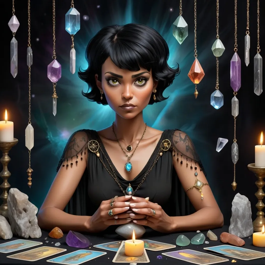 Prompt: Black short haired tarot reader, crystals and pendulum with spirits around her