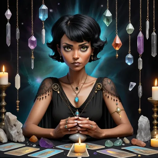 Prompt: Black short haired tarot reader, crystals and pendulum with spirits around her