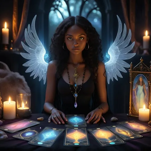 Prompt: Black tarot, crystals and pendulum reader with angels spirits around her