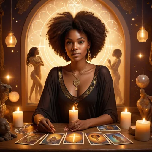 Prompt: (A Black woman tarot reader), mystical atmosphere, surrounded by (ethereal spiritual beings), glowing symbols and tarot cards, warm and inviting color palette, soft golden lighting illuminating the scene, intricate details on figures and cards, enchanting background with celestial elements, dreamy ambiance, high quality and vibrant effects, crafted for a magical and serene vibe.