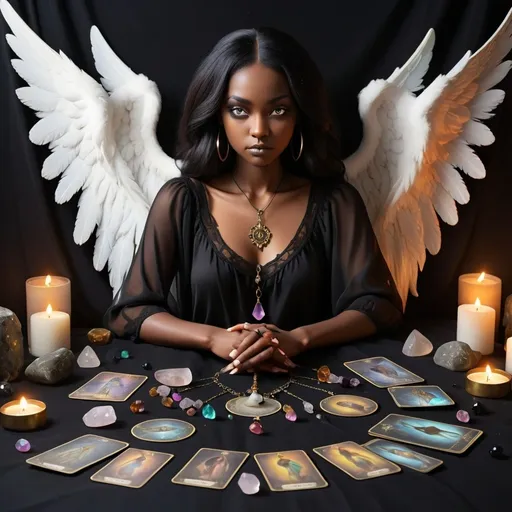 Prompt: Black tarot, crystals and pendulum reader with angels spirits around her
