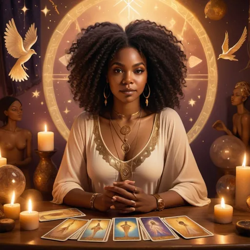 Prompt: (A Black woman tarot reader), mystical atmosphere, surrounded by (ethereal spiritual beings), glowing symbols and tarot cards, warm and inviting color palette, soft golden lighting illuminating the scene, intricate details on figures and cards, enchanting background with celestial elements, dreamy ambiance, high quality and vibrant effects, crafted for a magical and serene vibe.