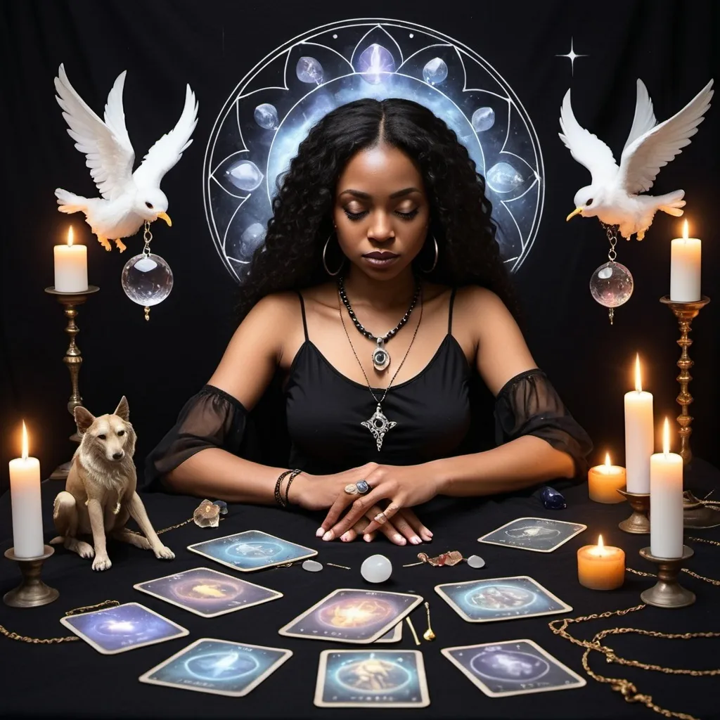 Prompt: Black tarot, crystals and pendulum reader with angels spirits around her