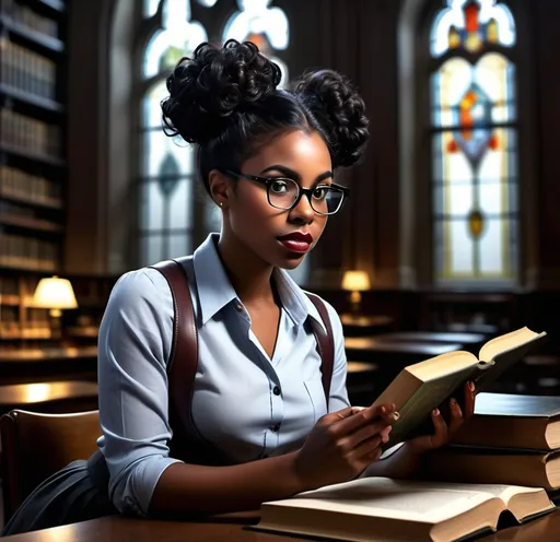 Prompt: Classy sassy nerdy  2 beautiful black woman in.  A old college Library at a desk studying dim lighting wearing  a business shirt black hair curly in a bun admiring a old book wearing nerdy glasses glancing upward as if being spoken to from a distance  dim lighting  but moonlight shine from stained glass window in background  beautiful library dark luxury rich designs 
