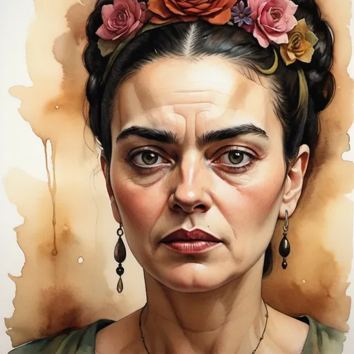 Prompt: Surreal watercolour, dreamy, illustration of a middle-aged woman,dark hair and eyes, abstract and distorted features, graceful , ethereal,surrealistic interpretation, intense and piercing gaze,  dreamlike atmosphere, warm tones, shadowy and mysterious lighting, artistic, detailed brushwork, high quality, professional, surreal, Frida Kahlo style, witchy, intense gaze, dreamlike, mysterious lighting