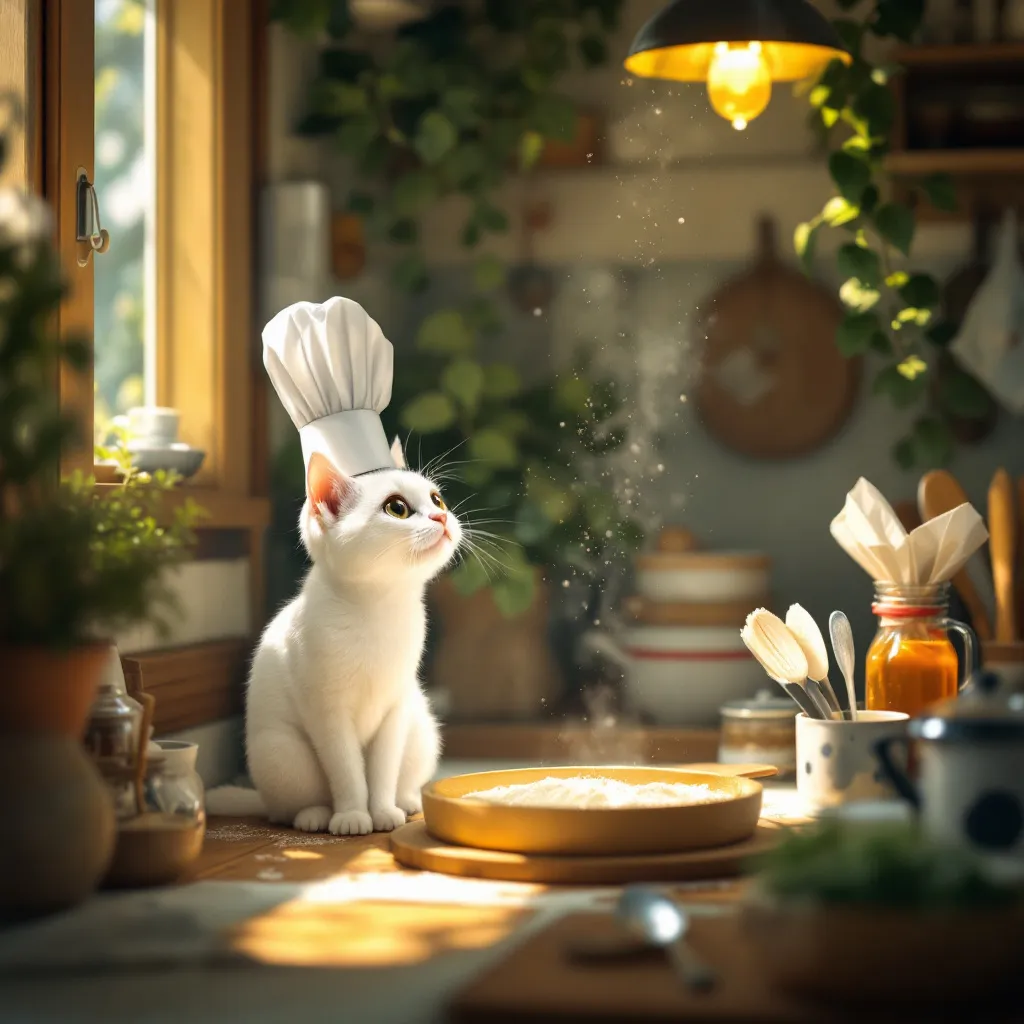 Prompt:  Một sáng tinh mơ trong căn bếp nhỏ
Ở một ngôi làng nhỏ ven rừng, chú mèo trắng tên là Miu sống trong một căn nhà gỗ ấm cúng. Mỗi sáng, Miu thức dậy sớm, đội mũ bếp, và bước vào căn bếp nhỏ xíu nhưng đầy ắp hương thơm ngọt ngào của bột mì và bơ.