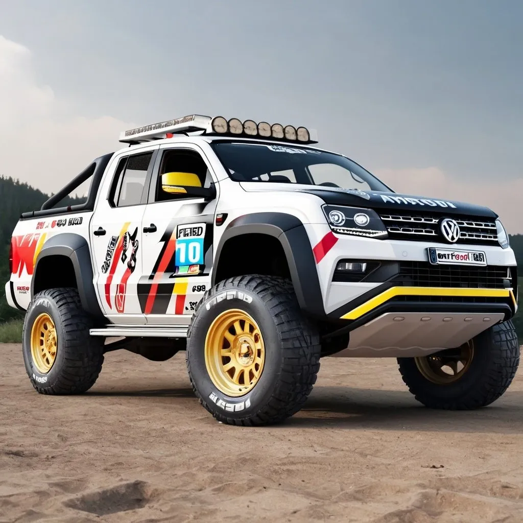 Prompt: White lifred VW Amarok with Offroad tires and racing livery in the side