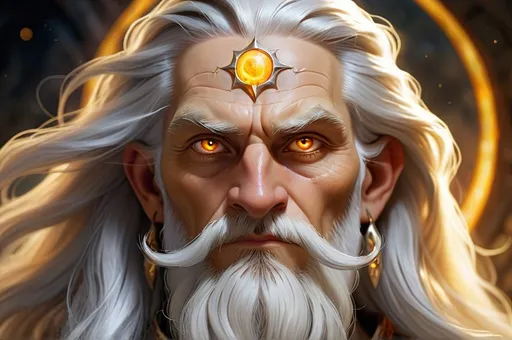 Prompt: A fantasy portrait of a human with celestial ancestry in an oil painting style. He has long silver hair, a short silver beard, golden sun-like eyes, and fair, glowing skin. Inspired by Dungeons and Dragons, the artwork highlights his ethereal and noble presence with a blend of divine and heroic elements.