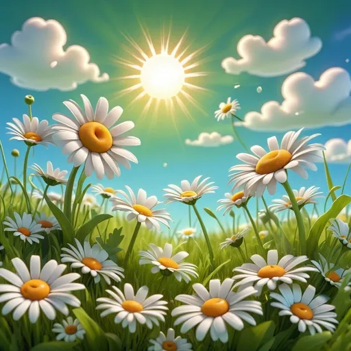 Prompt: a cute 3d cartoon image of a nice green summer meadow with daisies. fantasy art, high quality, detailed flowers, bright sun, blue sky, fluffy white clouds, atmospheric light.