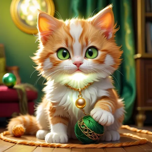 Prompt: cute kitten in the living room, ginger and white fur, silk collar with round golden pendant, hunting ball of bright yarn, fantasy illustration, detailed green eyes, high quality, fantasy, baby cat, vibrant colors, cute, digital painting, atmospheric lighting